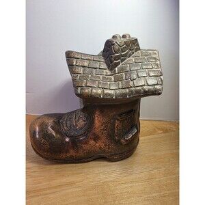 Vintage Figural Metal Bank Copper Painted Little Old Woman Who Lived In A Shoe